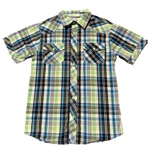 Boys Dress Shirt Size 12 Green Blue Plaid Short Sleeve Button Up Pockets